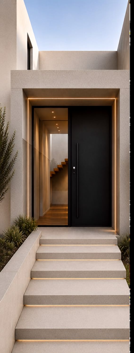 Entrada com porta preta e iluminação embutida