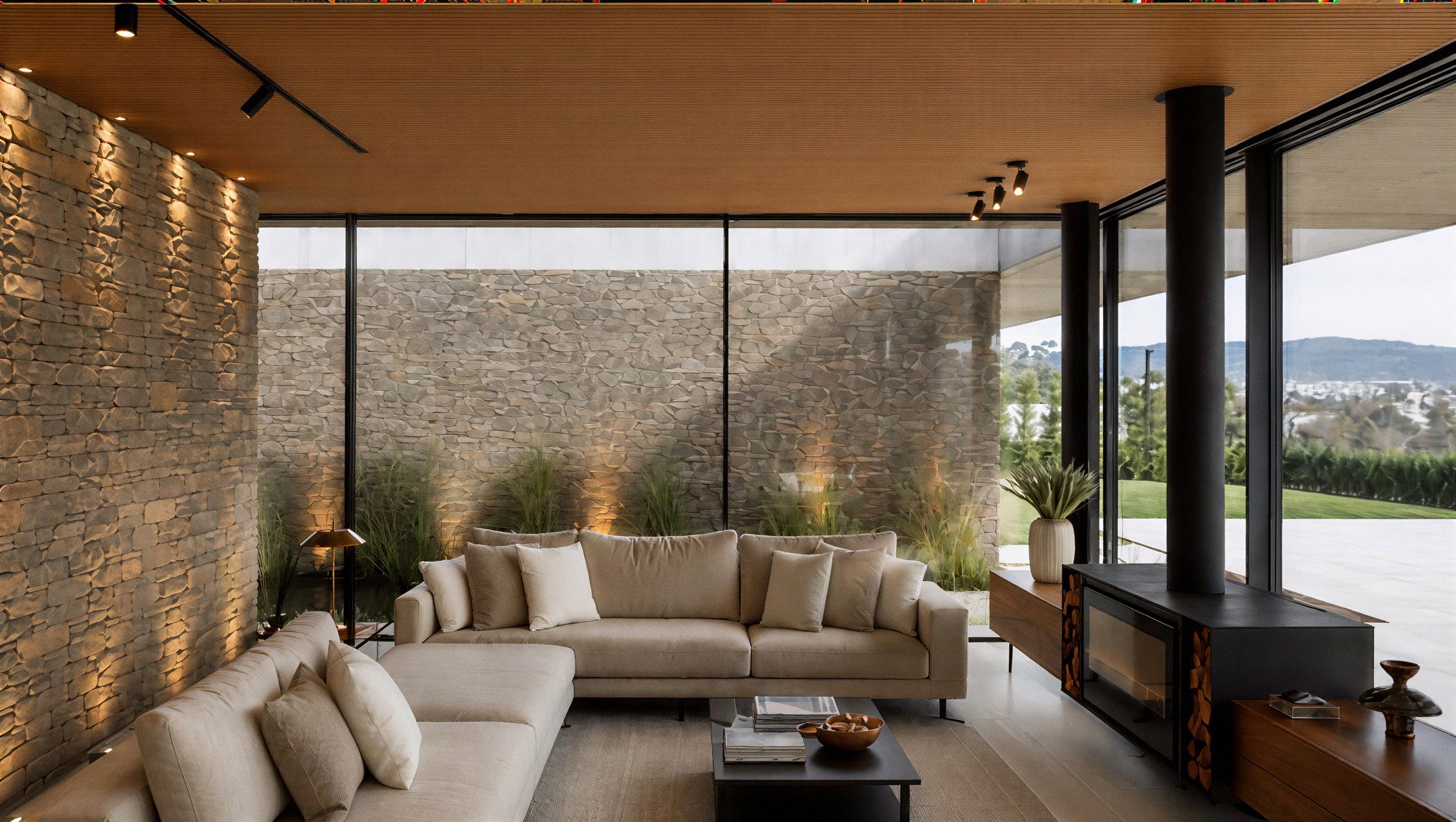 Sala de estar com pele de vidro e vista para o jardim